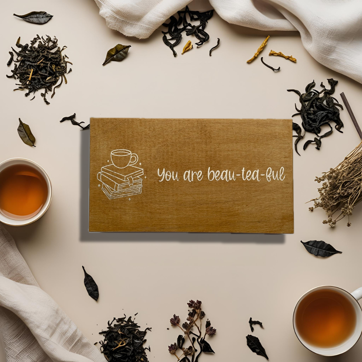 Personalised tea box – A Cup and Books – 8 compartments
