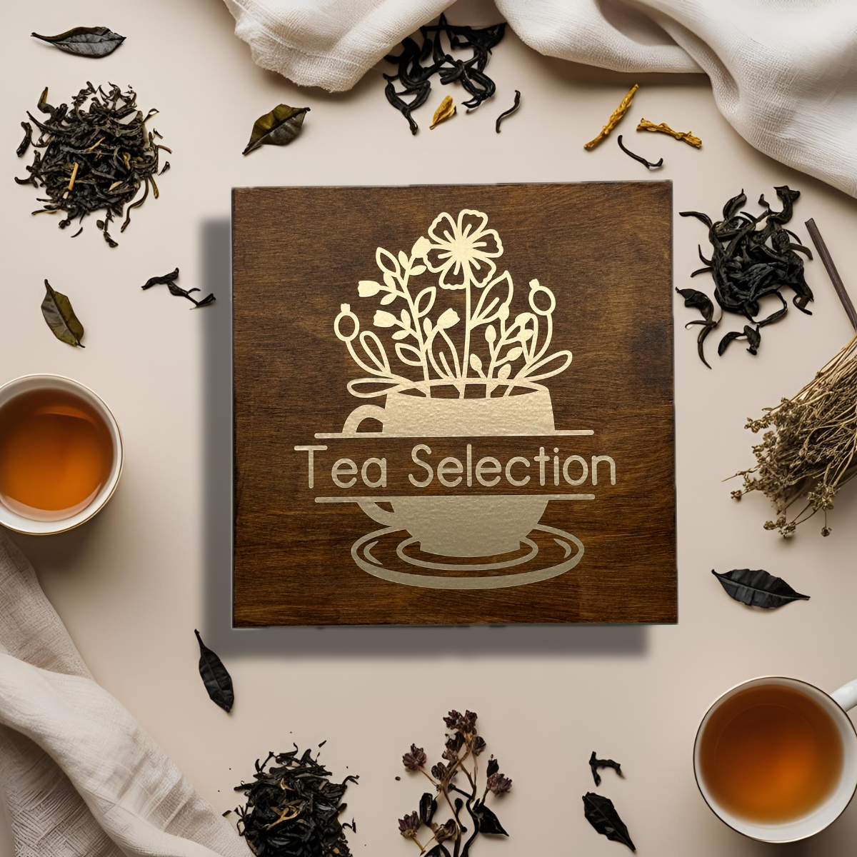 Personalised tea box – Cup with Flowers – 9 Compartments