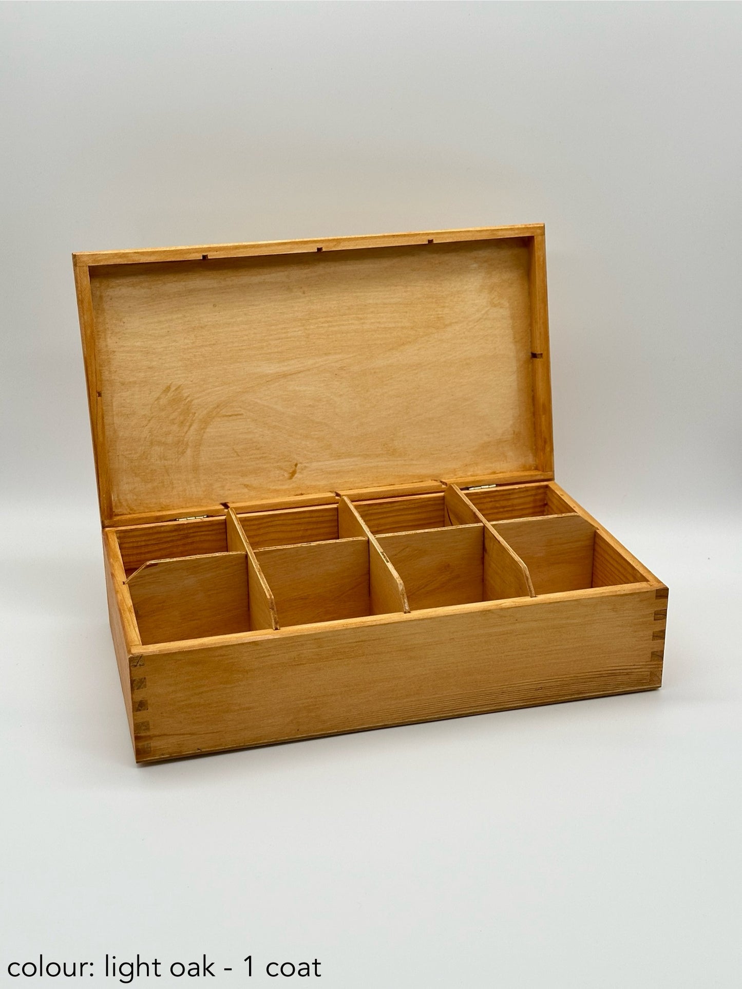 Personalised Painted Tea Box – 8 Compartments – Light Oak