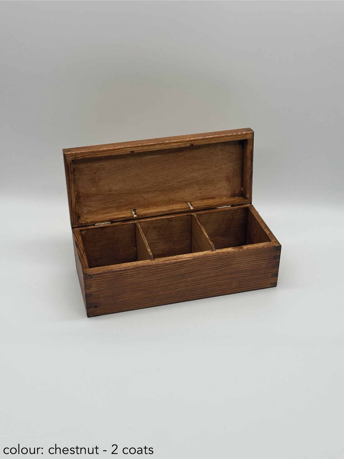 Personalised Painted Tea Box – 3 Compartments – Chestnut