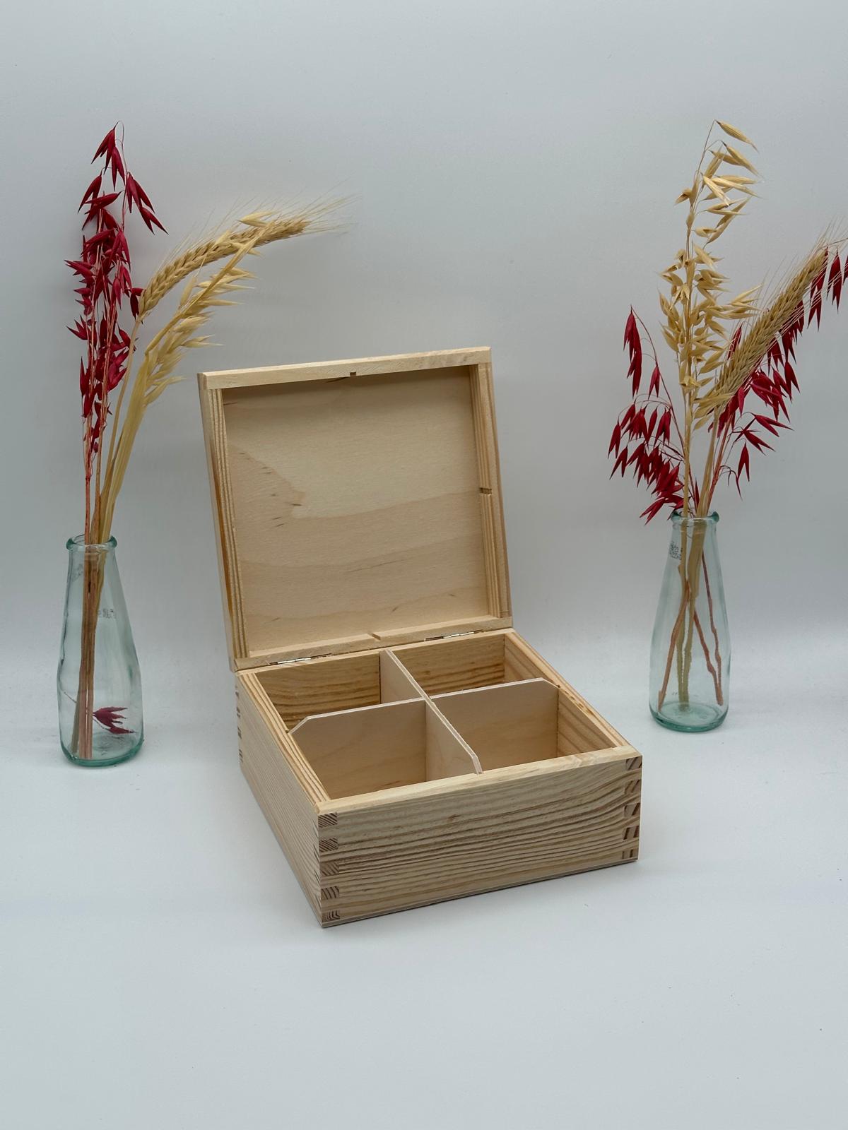 Plain Wooden Tea Box – 4 Compartments – Unpainted