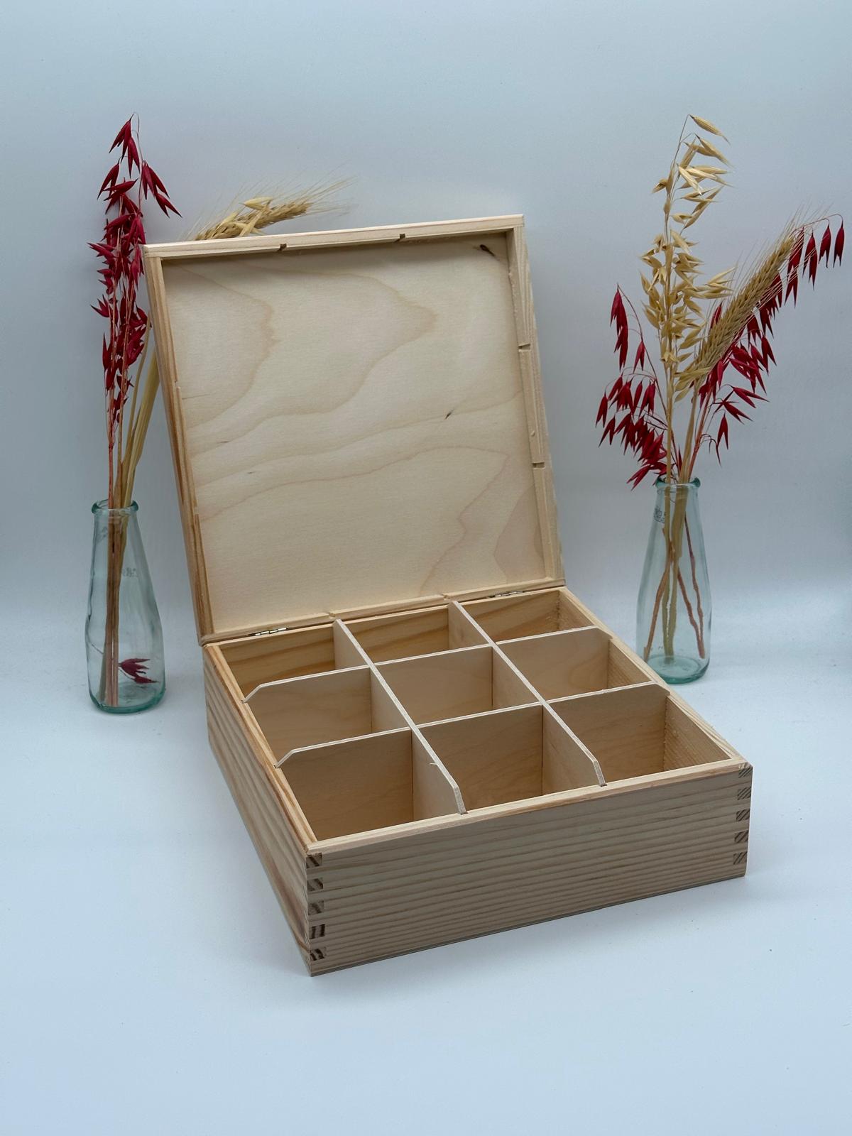 Plain Wooden Tea Box – 9 Compartments – Unpainted
