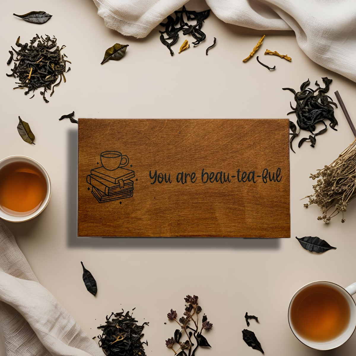 Personalised tea box – A Cup and Books – 6 compartments