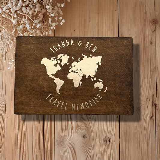 Personalised Travel Keepsake Box – Alternate Globe Design – Heart Cut-Out Sides