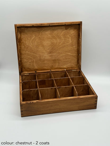 Personalised Painted Tea Box – 12 Compartments – Chestnut