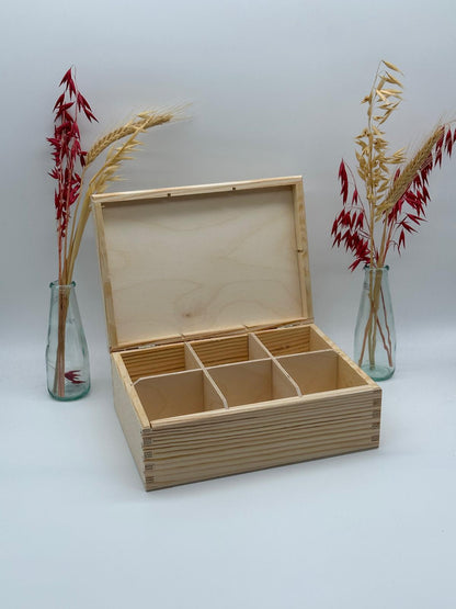 Plain Wooden Tea Box – 6 Compartments – Unpainted