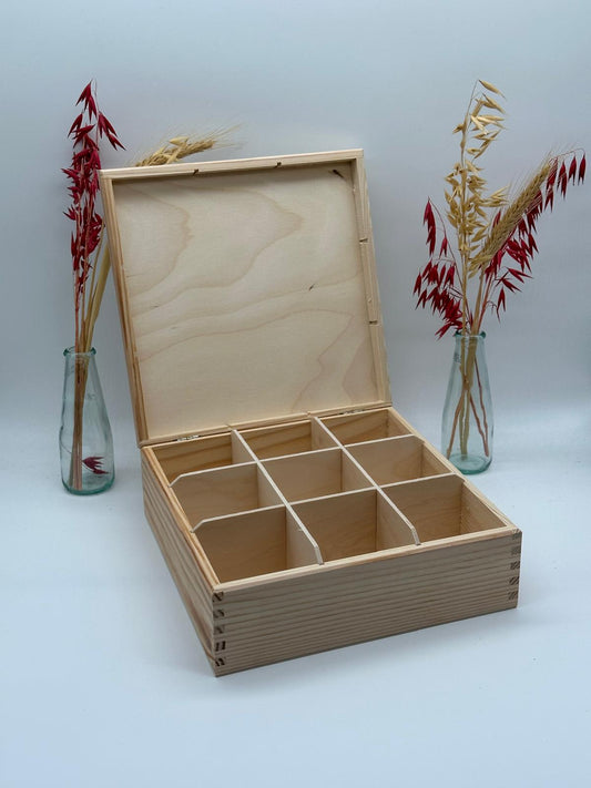 Plain 9 Compartment Wooden Tea Box